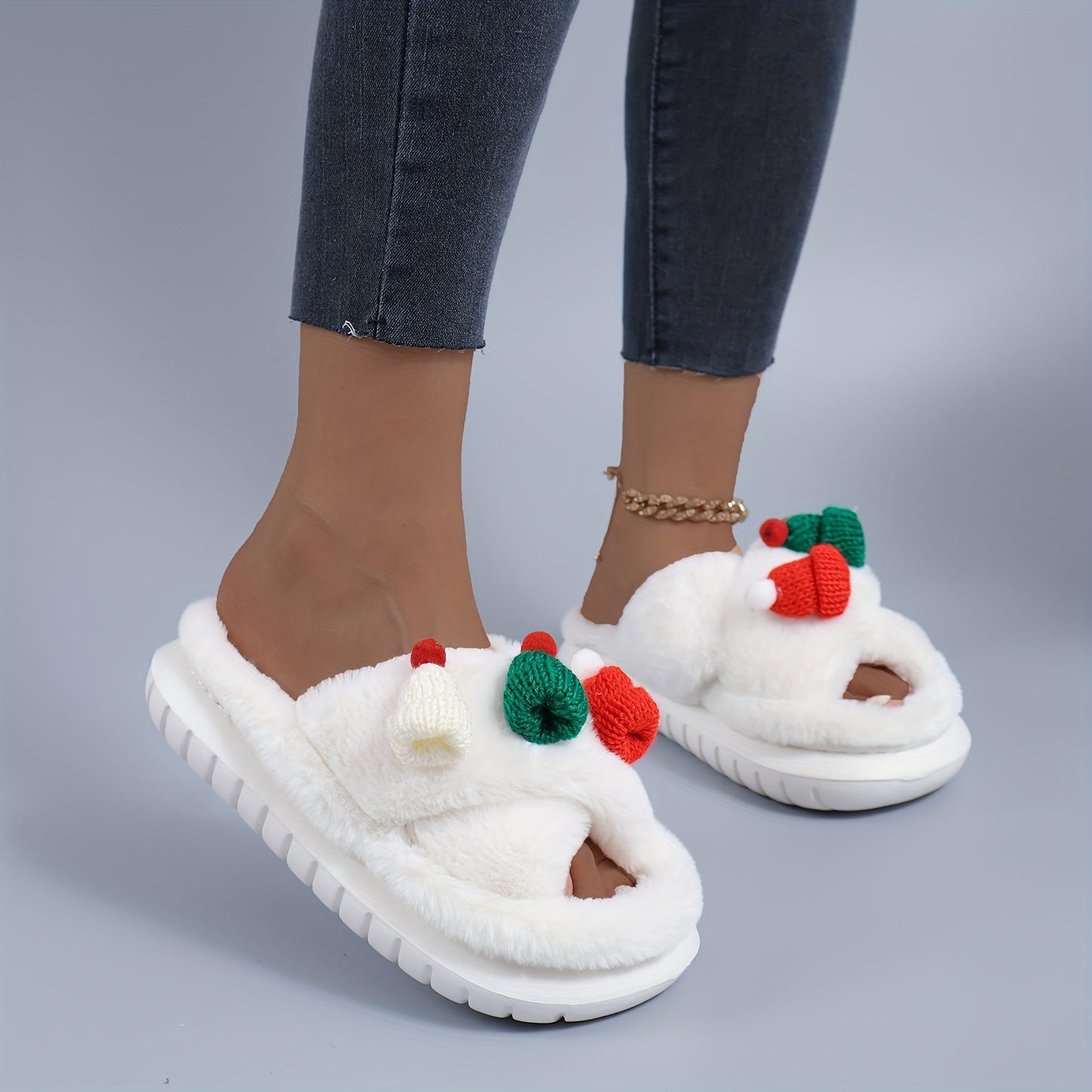 It's Christmas BABY ~Cute Cartoon Santa Hat Plush Slippers, Slip On Soft Sole Platform Fluffy Warm Shoes
