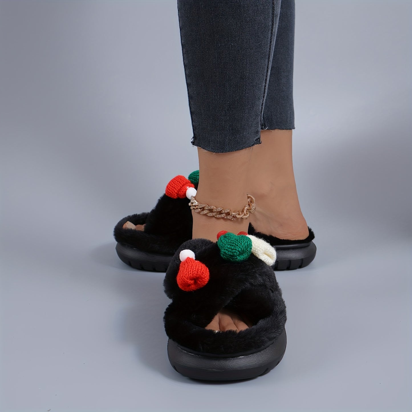 It's Christmas BABY ~Cute Cartoon Santa Hat Plush Slippers, Slip On Soft Sole Platform Fluffy Warm Shoes