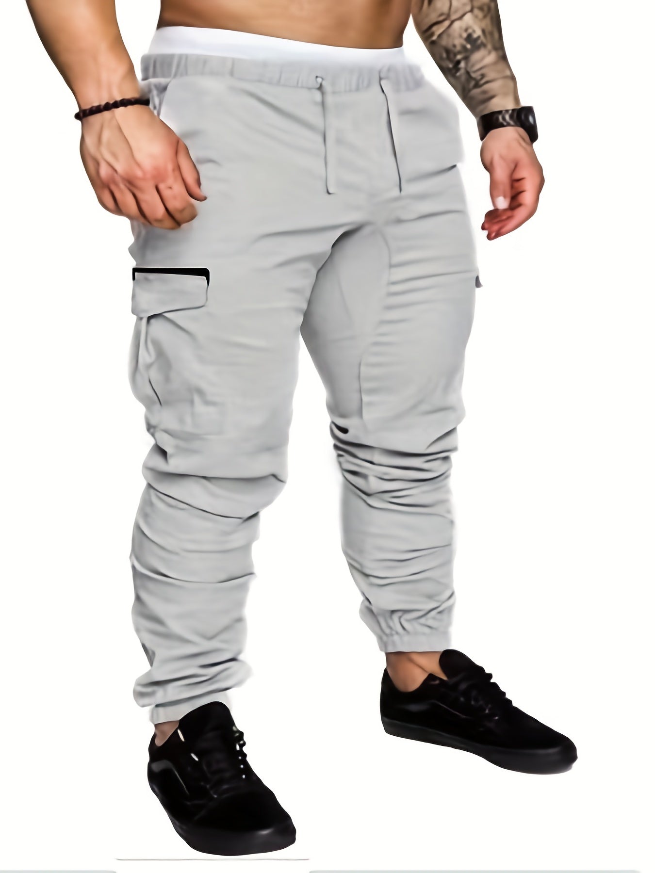 Side Flap Pockets Drawstring Joggers, Men's Cargo Pants